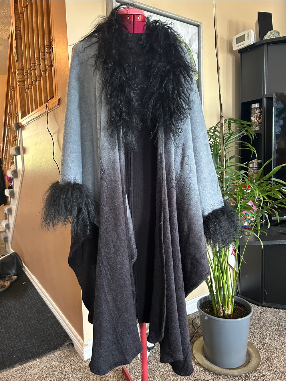 Ombre Gray & Black Fur Trim Poncho Wrap